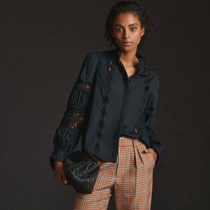 Anthropologie Black Cutwork Peasant Top